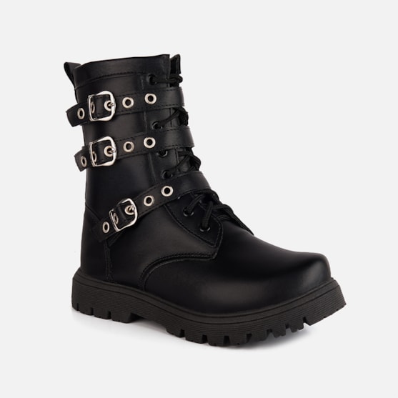 Segunda imagem do produto Coturno Infantil Preto Cano Alto Fivelas Sola Tratorada Menina Fashion