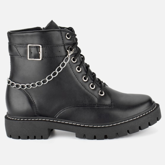 Coturno Tratorado Feminino Chunky Com Correntes E Fivela Preto