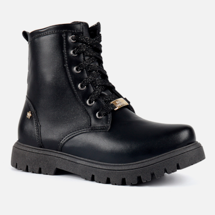 Segunda imagem do produto Coturno Tratorado Infantil Cadarço Brilhante Menina Fashion Preto