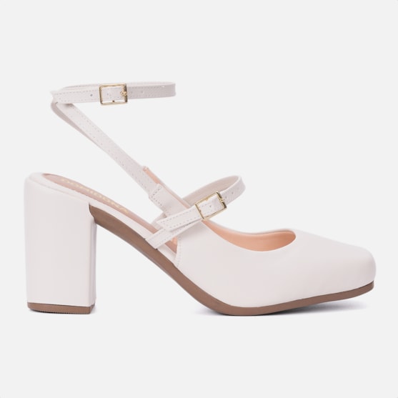 Mary Jane Feminina Elegante Salto Bloco Grosso Bico Quadrado Off White