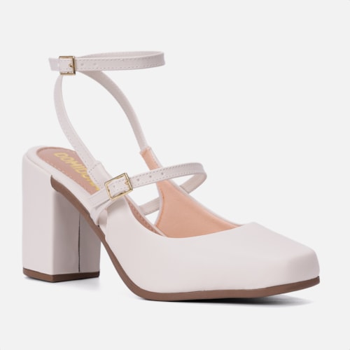 Mary Jane Feminina Elegante Salto Bloco Grosso Bico Quadrado Off White