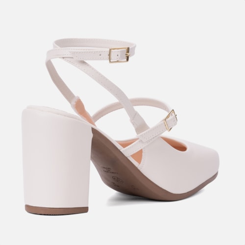 Mary Jane Feminina Elegante Salto Bloco Grosso Bico Quadrado Off White
