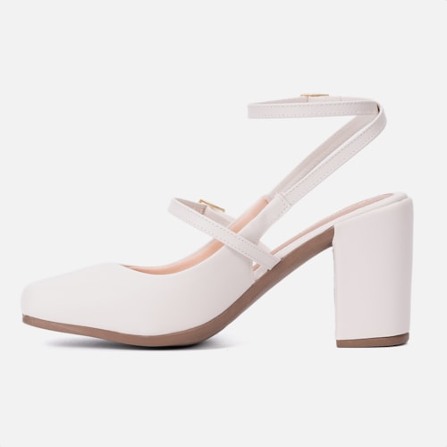 Mary Jane Feminina Elegante Salto Bloco Grosso Bico Quadrado Off White