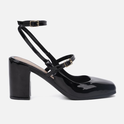 Mary Jane Feminina Elegante Salto Bloco Grosso Bico Quadrado Preta