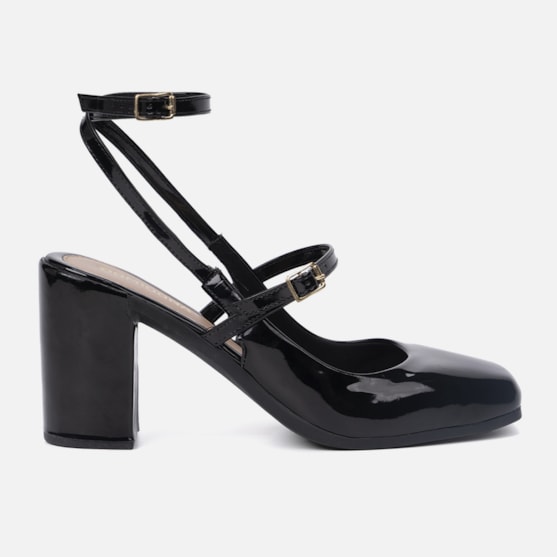 Mary Jane Feminina Elegante Salto Bloco Grosso Bico Quadrado Preta