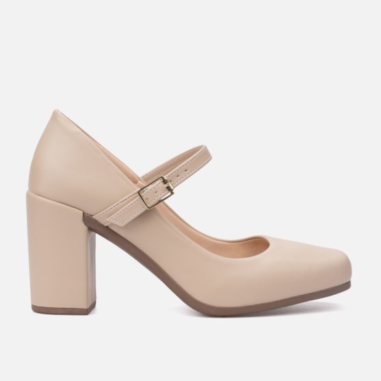 Mary Jane Salto Bloco Grosso Bico Quadrado Nude