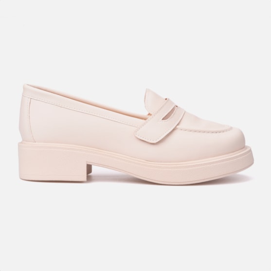 Mocassim Feminino Salto Grosso Elegante Com Tira Vazada Moda Off White