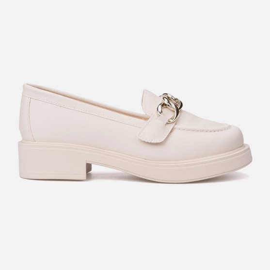 Mocassim Feminino Salto Grosso Enfeite De Corrente Off White