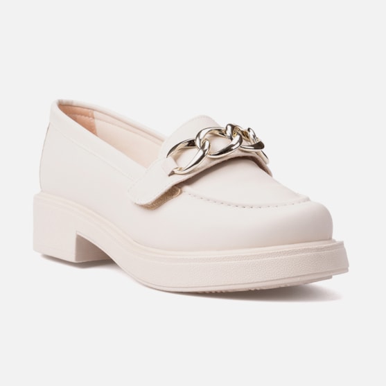 Segunda imagem do produto Mocassim Feminino Salto Grosso Enfeite De Corrente Off White