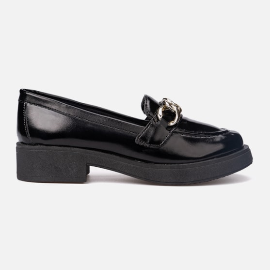 Mocassim Feminino Salto Grosso Enfeite De Corrente Preto