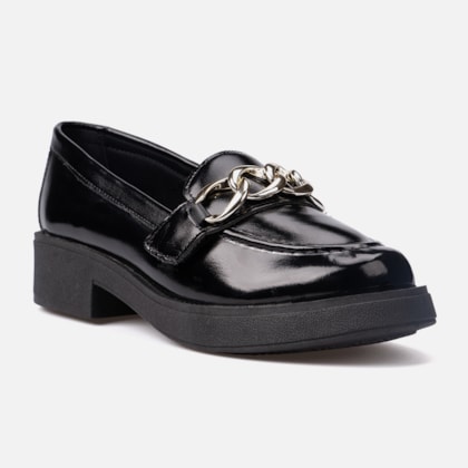 Segunda imagem do produto Mocassim Feminino Salto Grosso Enfeite De Corrente Preto