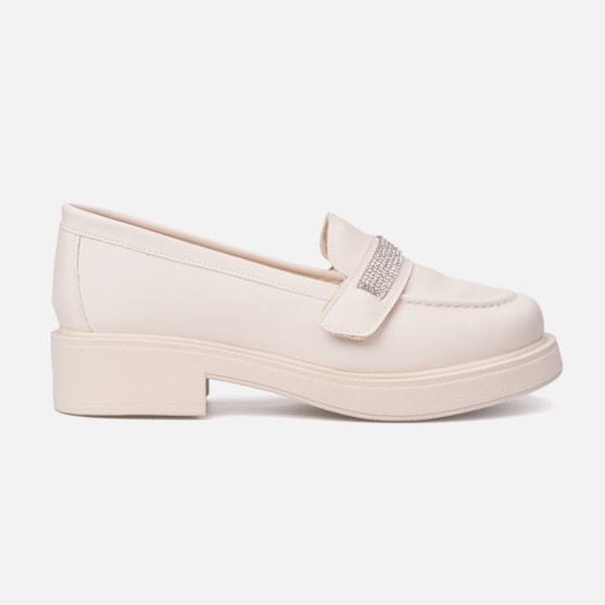 Mocassim Feminino Salto Grosso Tira De Strass Brilho Da Moda Off White