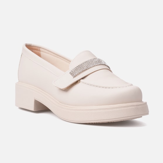 Segunda imagem do produto Mocassim Feminino Salto Grosso Tira De Strass Brilho Da Moda Off White