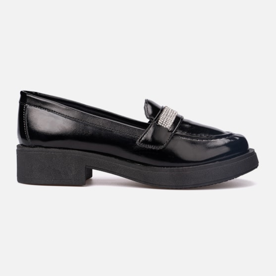 Mocassim Feminino Salto Grosso Tira De Strass Brilho Da Moda Preto