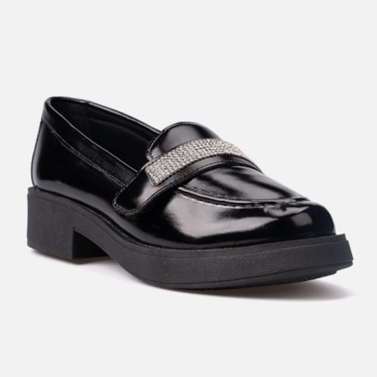 Segunda imagem do produto Mocassim Feminino Salto Grosso Tira De Strass Brilho Da Moda Preto