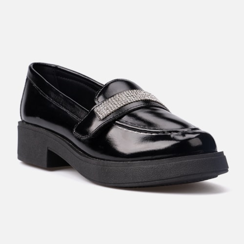 Mocassim Feminino Salto Grosso Tira De Strass Brilho Da Moda Preto - foto2 de 6