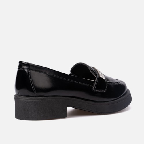 Mocassim Feminino Salto Grosso Tira De Strass Brilho Da Moda Preto - foto3 de 6