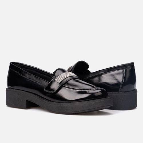 Mocassim Feminino Salto Grosso Tira De Strass Brilho Da Moda Preto - foto4 de 6