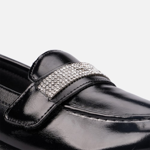Mocassim Feminino Salto Grosso Tira De Strass Brilho Da Moda Preto - foto6 de 6