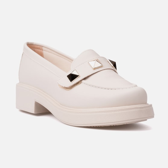 Segunda imagem do produto Mocassim Feminino Tira De Spikes Elegante Salto Grosso Off White