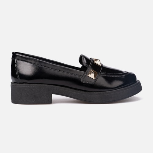Mocassim Feminino Tira De Spikes Elegante Salto Grosso Preto - foto1 de 7