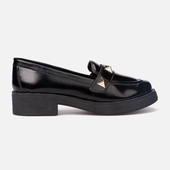 Mocassim Feminino Tira De Spikes Elegante Salto Grosso Preto