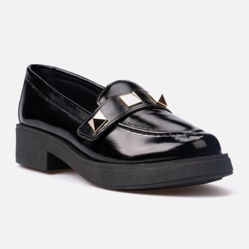 Mocassim Feminino Tira De Spikes Elegante Salto Grosso Preto - foto2 de 7