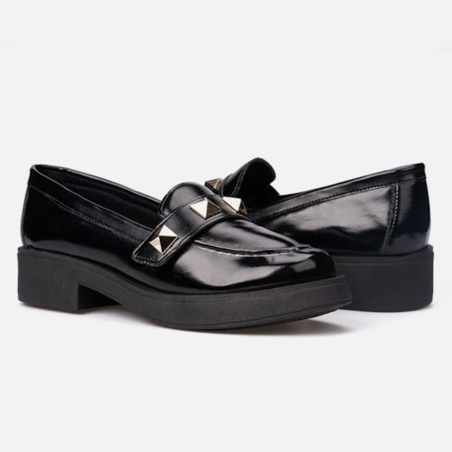 Mocassim Feminino Tira De Spikes Elegante Salto Grosso Preto - foto5 de 7