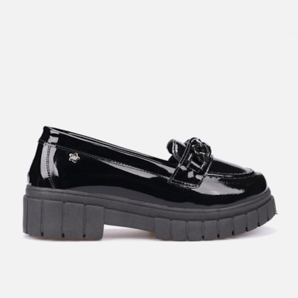 Mocassim Infantil Menina Tratorado Com Corrente Verniz Preto