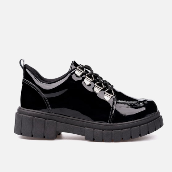 Mocassim Infantil Tratorado Verniz Brilho Elegante Com Cadarço Preto Preto