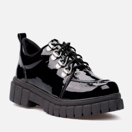 Segunda imagem do produto Mocassim Infantil Tratorado Verniz Brilho Elegante Com Cadarço Preto Preto