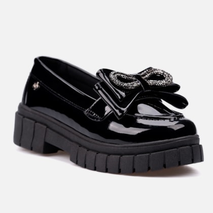 Segunda imagem do produto Mocassim Tratorado Infantil Menina Fashion Verniz Com laço Preto