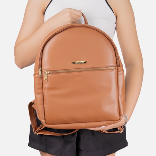 Mochila Feminina Domidona Caramelo Minimalista Grande Alças ajustáveis