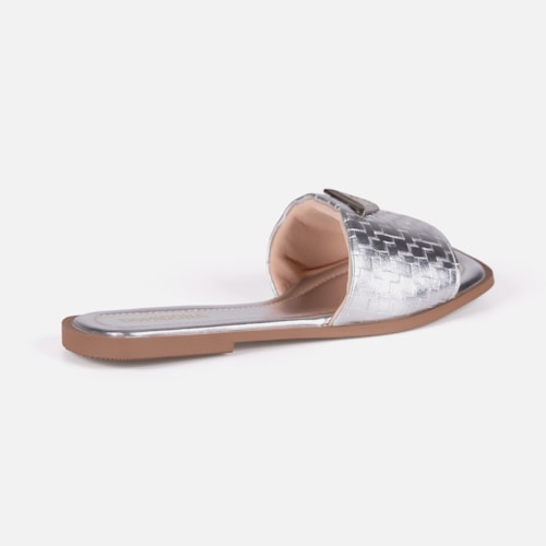 Rasteira Feminina Prata Slide Tira Única Larga Bico Quadrado