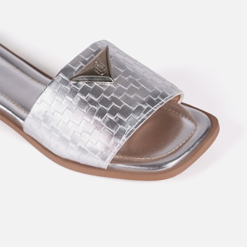Rasteira Feminina Prata Slide Tira Única Larga Bico Quadrado