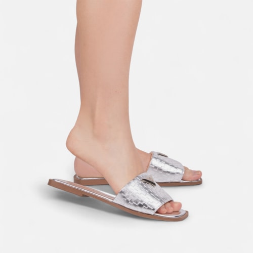 Rasteira Feminina Prata Slide Tira Única Larga Bico Quadrado