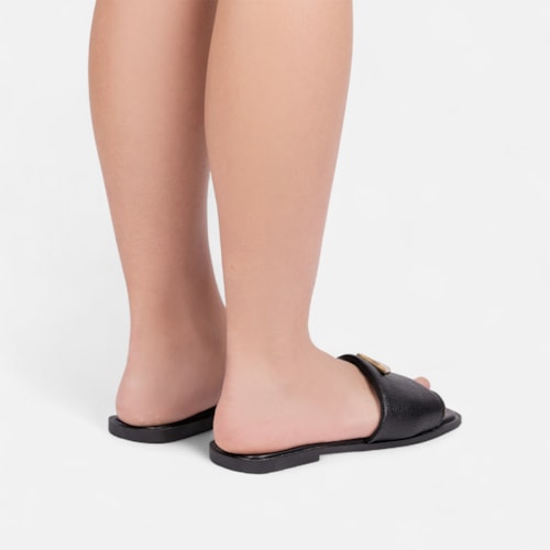 Rasteira Feminina Preta Slide Tira Única Larga Bico Quadrado