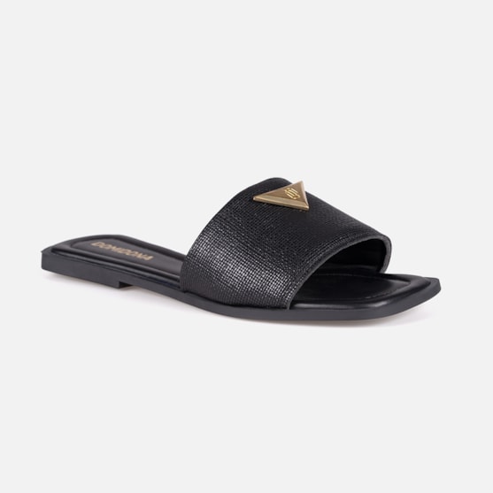 Segunda imagem do produto Rasteira Feminina Preta Slide Tira Única Larga Bico Quadrado