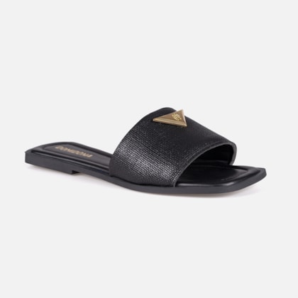 Segunda imagem do produto Rasteira Feminina Preta Slide Tira Única Larga Bico Quadrado