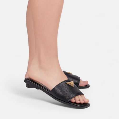 Rasteira Feminina Preta Slide Tira Única Larga Bico Quadrado