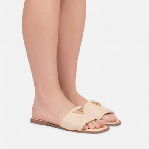 Rasteira Feminina Slide Bege Tira Larga Bico Quadrado