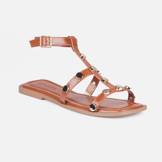 Segunda imagem do produto Rasteira Gladiadora Caramelo Tiras Finas Com Tachas Metálicas