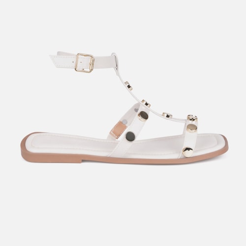 Rasteira Gladiadora Off White Tiras Finas Com Tachas Metalizado Dourado