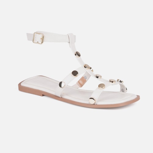 Rasteira Gladiadora Off White Tiras Finas Com Tachas Metalizado Dourado