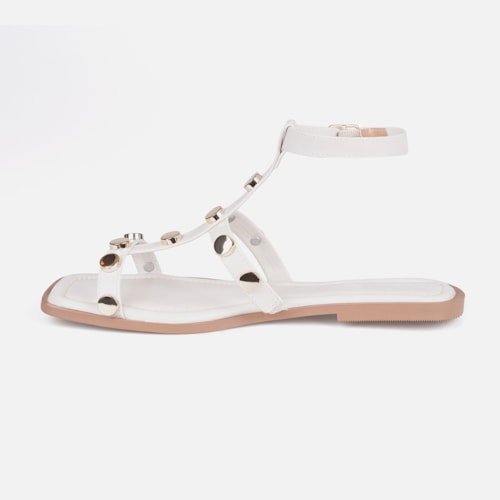 Rasteira Gladiadora Off White Tiras Finas Com Tachas Metalizado Dourado