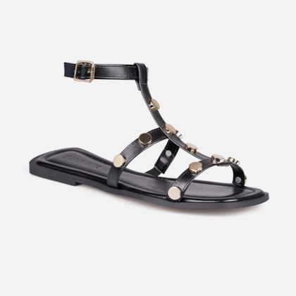 Segunda imagem do produto Rasteira Gladiadora Preta Tiras Finas Com Tacha Metálicos