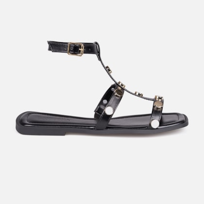 Rasteira Gladiadora Preta Tiras Finas Com Tachas Metalizado Dourado