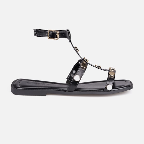 Rasteira Gladiadora Preta Tiras Finas Com Tachas Metalizado Dourado