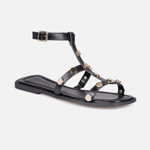 Rasteira Gladiadora Preta Tiras Finas Com Tachas Metalizado Dourado