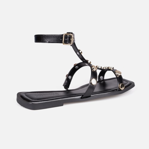 Rasteira Gladiadora Preta Tiras Finas Com Tachas Metalizado Dourado